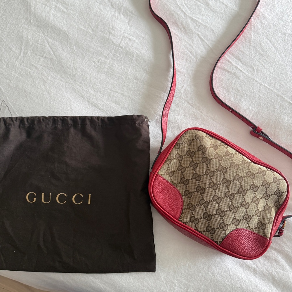 Gucci Monogram Mini Bree Messenger Bag in Red and tan